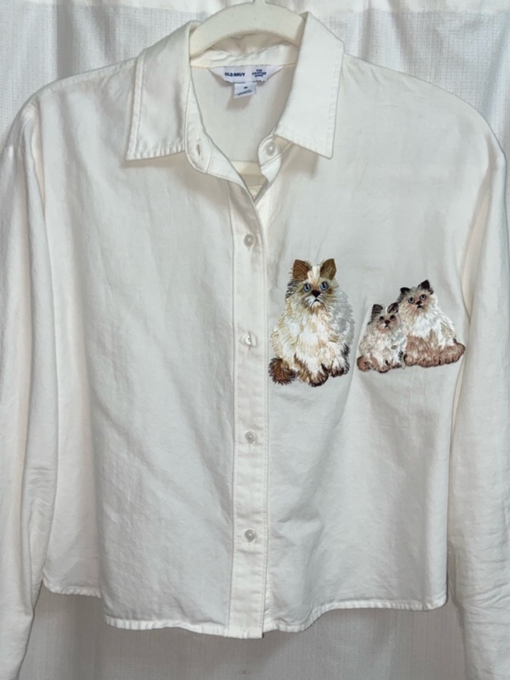 White Cotton Cropped Button-Up w/Cat Kittens Embroidered Patches